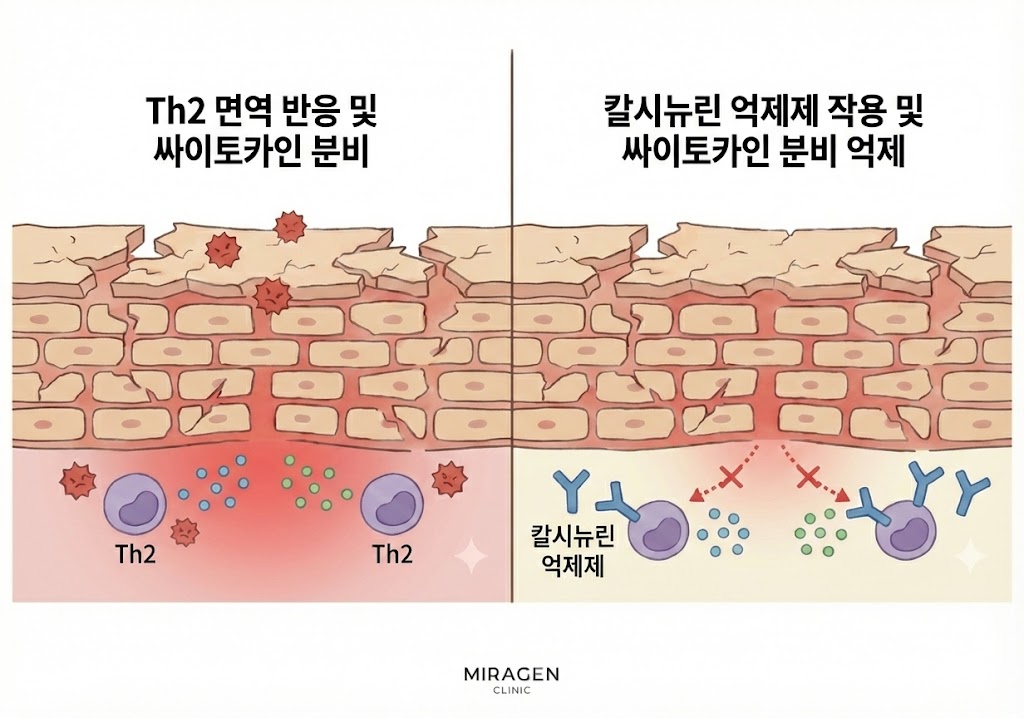 프로토픽, 엘리델 등 칼시뉴린 억제제가 T세포의 Th2 면역 반응을 선택적으로 차단하여 염증을 억제하는 원리를 보여주는 일러스트