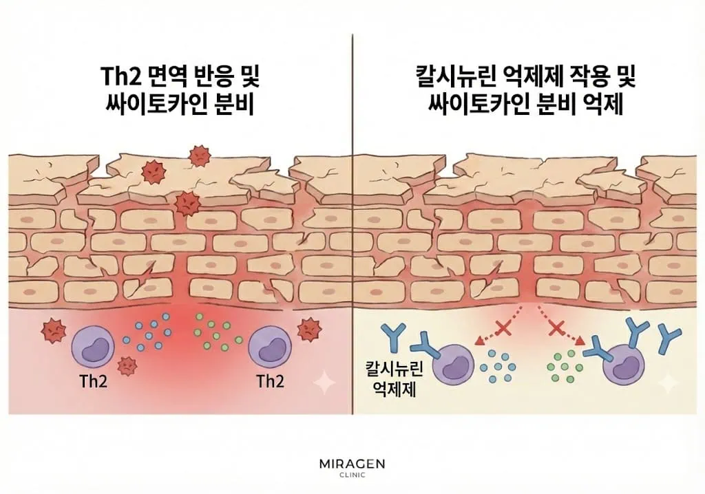 칼시뉴린 억제제의 Th2 차단 원리 엘리델 같은 칼시뉴린 억제제가 T세포의 Th2 면역 반응을 차단해 염증을 줄이는 원리를 보여주는 일러스트