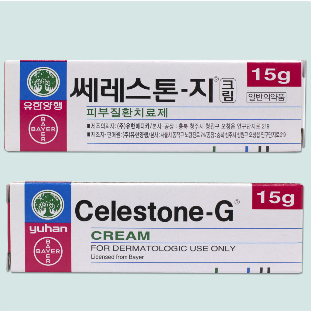 쎄레스톤지 크림 제품과 패키지 사진으로, 5등급 베타메타손 발레레이트 복합제이며 약국에서 구매 가능한 일반의약품 스테로이드
