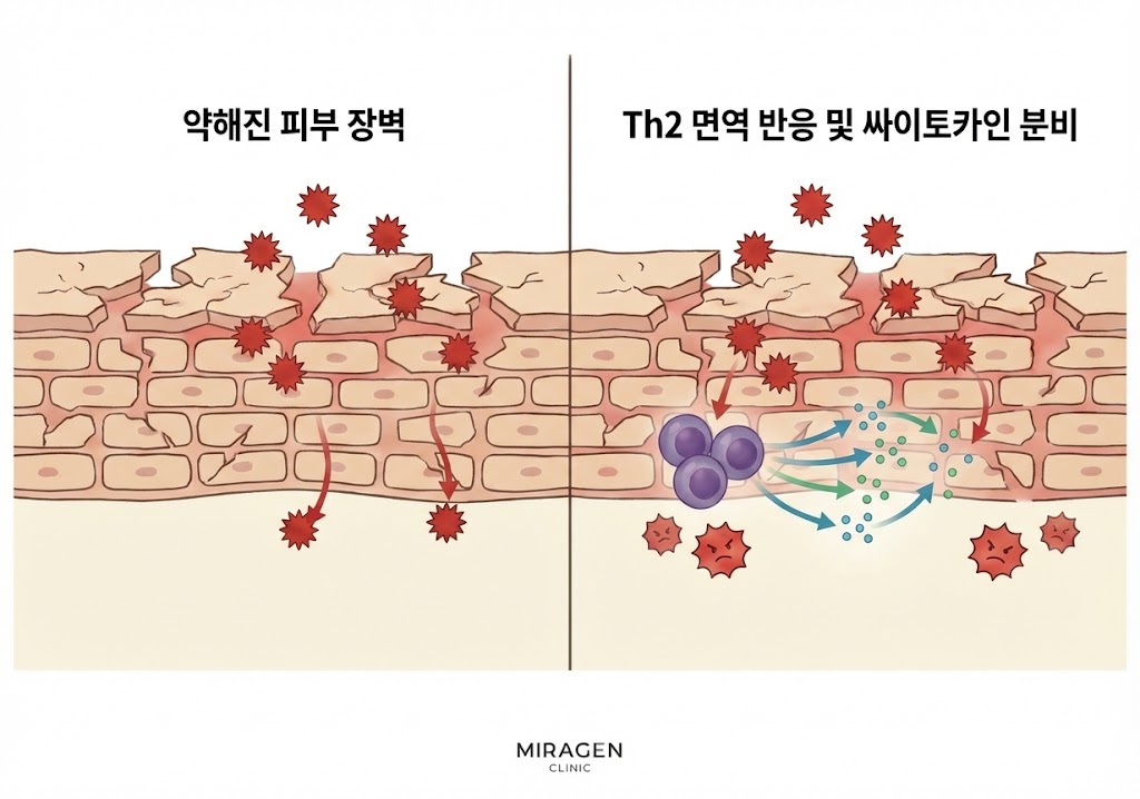 피부 장벽이 손상되면 외부 항원이 침투하여 Th2 면역 반응이 과활성화되고 염증이 발생하는 과정을 보여주는 일러스트
