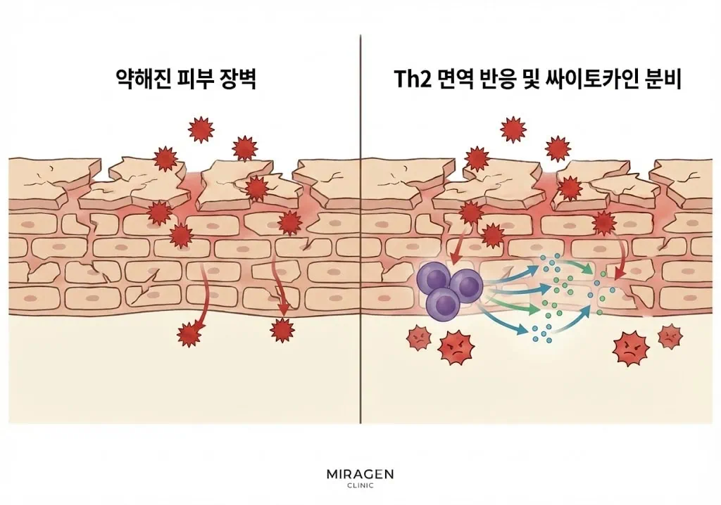 엘리델이 쓰이는 피부염에서 피부 장벽 손상 후 Th2 면역 반응이 과활성화되는 과정을 보여주는 일러스트