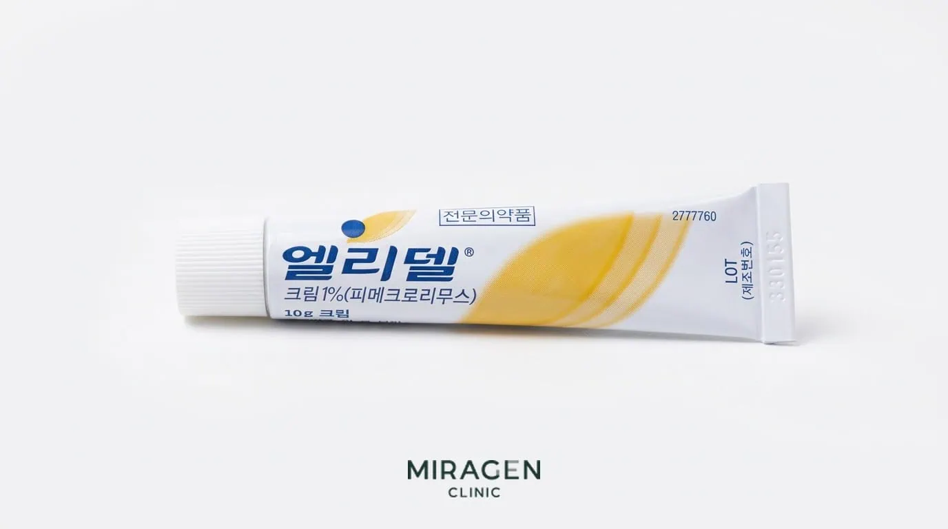 엘리델 크림 제품 사진 비스테로이드성 칼시뉴린 억제제인 엘리델(피메크로리무스) 1% 크림 10g 튜브 실물 사진으로, 스테로이드 대안으로 처방되는 전문의약품 — 크림 제형이라 연고보다 발림성이 가벼움