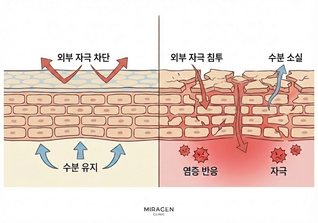 정상 피부 장벽과 손상된 피부 장벽의 구조 차이를 벽돌담에 비유하여, 장벽 손상 시 자극이 침투하는 원리를 설명하는 일러스트