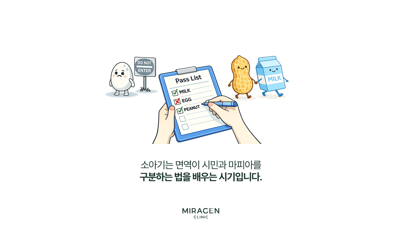 소아기 면역 관용 형성을 보여주는 인포그래픽으로, 아토피에 좋은 음식을 무조건 제한하기보다 다양한 음식을 조기에 섭취시켜 면역이 안전하다고 학습하게 하는 과정을 설명