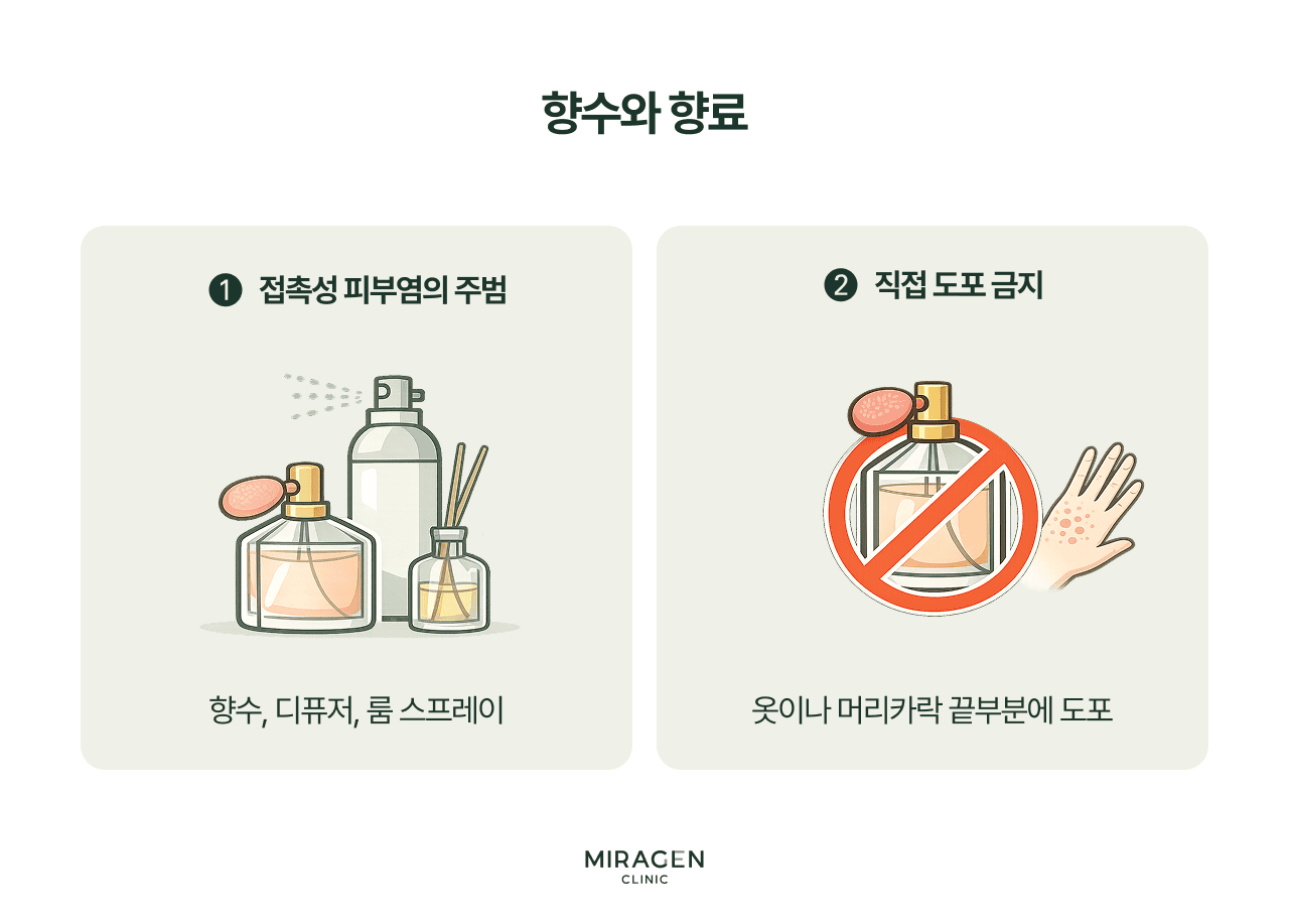 향수 향료 주의사항 피부염 환자의 향수 · 향료 주의사항 인포그래픽으로, 접촉 피부염의 주범인 향수 · 디퓨저 · 룸 스프레이를 소개하고 피부 직접 도포 대신 옷이나 머리카락에 사용할 것을 권고