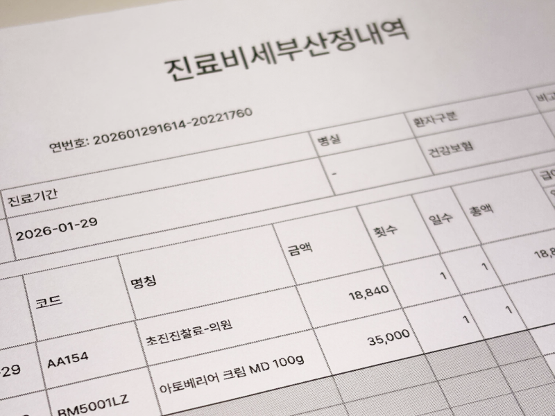 지루성피부염 두 번째 방문 시 첩포 검사 결과를 반영한 맞춤 연고 처방과 말라세지아 관리를 위한 항진균제 병행 치료 과정을 나타내는 진료비 내역서 아이콘