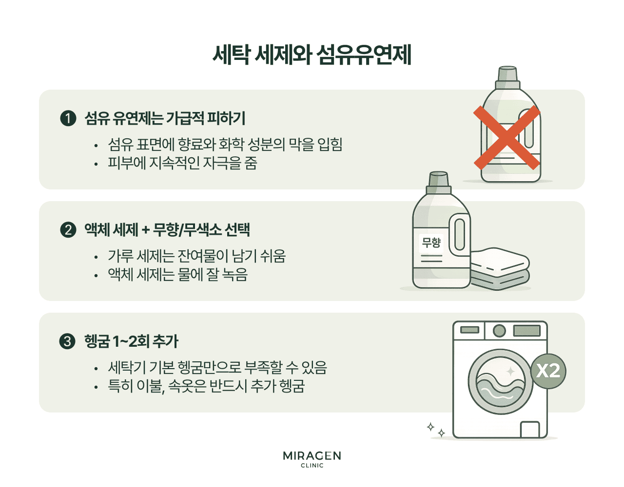 세탁세제 관리 가이드 피부염 환자를 위한 세탁 가이드 인포그래픽으로, 섬유유연제 사용 자제 · 무향 액체 세제 선택 · 헹굼 1~2회 추가의 세 가지 생활 습관 개선법을 일러스트와 함께 안내