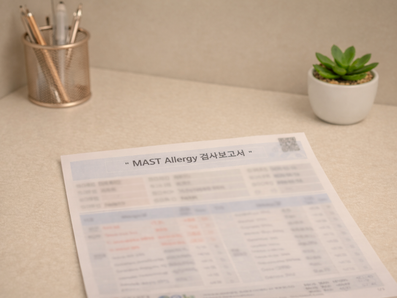 아토피 첫 방문 시 시행하는 MAST 급성 알레르기 검사 결과지로 집먼지진드기·꽃가루·음식 등 주요 알레르겐에 대한 혈청 IgE 반응을 한눈에 확인할 수 있는 검사 보고서입니다
