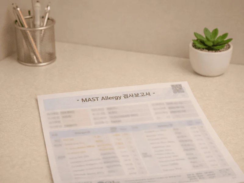 아토피 첫 방문 시 시행하는 MAST 급성 알레르기 검사 결과지로 집먼지진드기·꽃가루·음식 등 주요 알레르겐에 대한 혈청 IgE 반응을 한눈에 확인할 수 있는 검사 보고서입니다