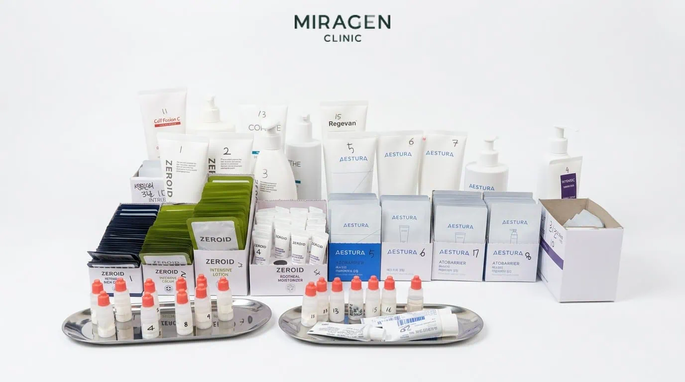 MD 크림 샘플 파우치 미라젠의원 진료실에 번호별로 체계적으로 정리된 18종 보습제 샘플 — 제로이드·에스트라·셀퓨전씨·인트린직 등 MD 크림을 환자별 적합성 검사에 사용