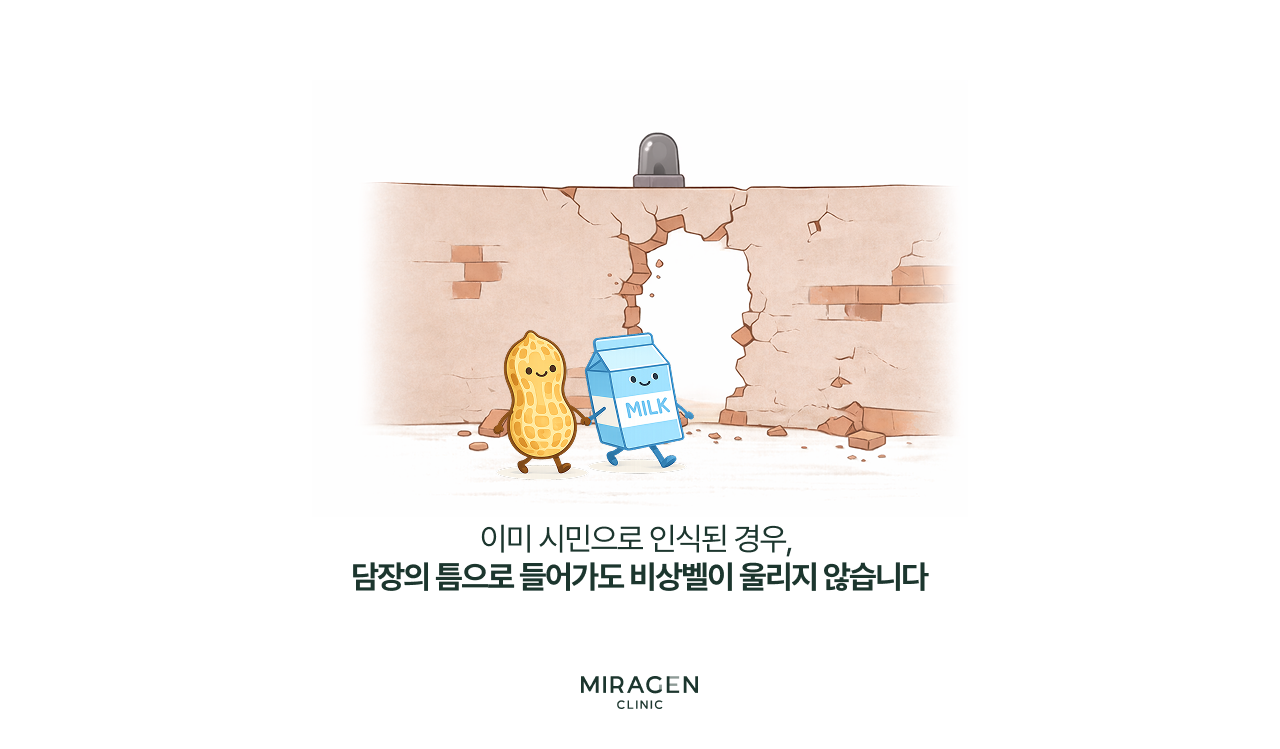 이미 시민으로 인식된 우유·땅콩이 허물어진 피부 장벽 틈으로 들어와도 면역 경보가 울리지 않는 장면으로, 알레르기를 동반하지 않는 내인성 아토피의 발생 원리를 비유적으로 설명