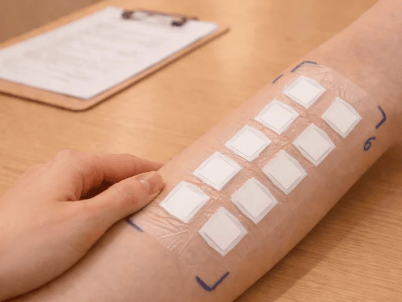 아토피 첫 방문 시 시행하는 첩포 검사로 팔 안쪽에 프로토픽·엘리델 연고와 MD 보습 크림에 대한 지연성 알레르기 반응을 확인하기 위해 투명 필름 아래 패치를 부착한 모습입니다