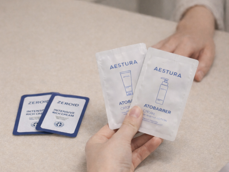 지루성피부염 두 번째 방문 시 첩포 검사에서 민감성이 없는 것으로 확인된 아에스투라와 제로이드 등 의료용 보습제 샘플을 제공하는 과정을 나타내는 아이콘