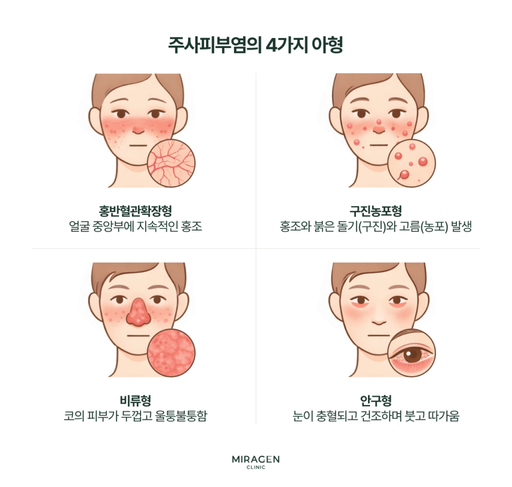주사피부염의 네 가지 유형 분류: 홍반혈관확장형은 얼굴 홍조, 구진농포형은 여드름 유사 구진, 비류형은 코 피부 비대, 안구형은 눈 충혈과 건조가 특징인 분류 체계를 시각적으로 비교합니다