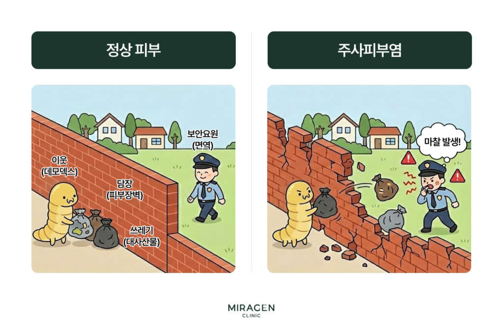 데모덱스 모낭충과 피부 장벽의 관계를 담장 비유로 설명하며 담장이 튼튼하면 모낭충 대사산물이 침투하지 못하지만 장벽이 무너지면 면역과 마찰이 생기는 주사피부염 발생 원리를 보여줍니다