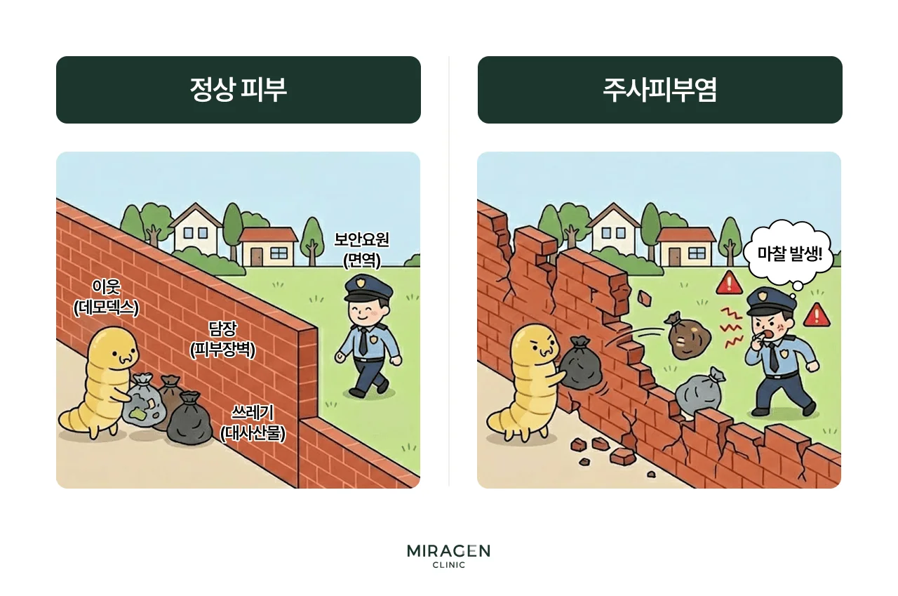 유황비누로 모낭충을 억제하려는 시도의 한계 — 무너진 피부 장벽 틈으로 모낭충이 증식하여 주사 피부염을 악화시키는 원리를 비유적으로 설명하는 일러스트