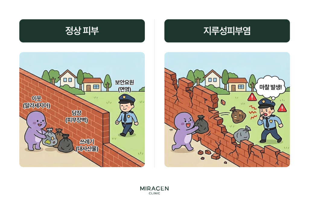 튼튼한 담장이 이웃의 쓰레기를 막는 정상 피부와 담장이 무너져 보안요원과 마찰이 생기는 지루성피부염을 피부 장벽·말라세지아·면역 반응에 비유해 설명한 인포그래픽