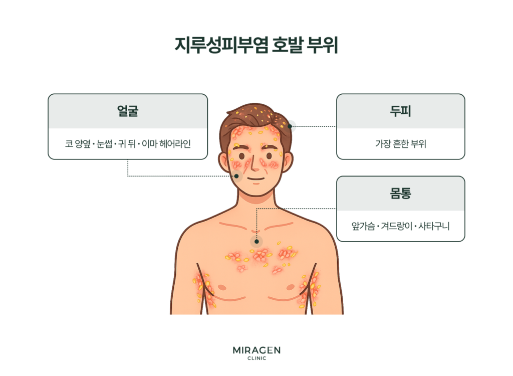 지루성피부염이 잘 발생하는 호발 부위를 남성 상반신 일러스트로 표시한 인포그래픽으로, 두피·얼굴(코 양옆, 눈썹, 귀 뒤, 이마 헤어라인)·몸통(앞가슴, 겨드랑이) 등을 안내
