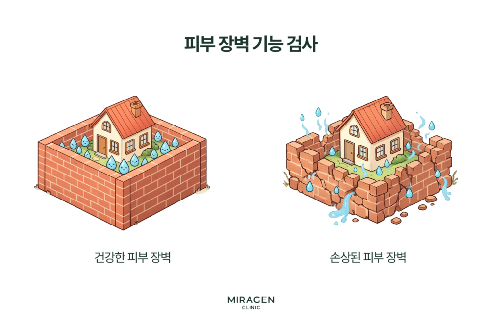 피부 표면에서 빠져나가는 수분량(TEWL, 경피수분손실량)을 측정해 피부 장벽 손상 정도를 수치로 확인하는 피부장벽 기능 검사 인포그래픽