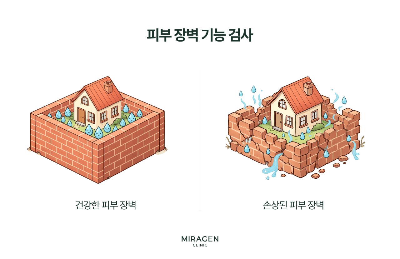 피부 표면에서 빠져나가는 수분량(TEWL, 경피수분손실량)을 측정해 피부 장벽 손상 정도를 수치로 확인하는 피부장벽 기능 검사 인포그래픽