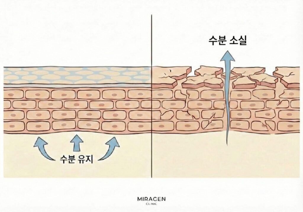 정상 피부 장벽은 수분을 가두지만, 손상된 피부 장벽에서는 수분이 피부 밖으로 빠져나가 TEWL(경피 수분 소실)이 증가하고 피부가 건조해지는 것을 보여주는 비교 일러스트