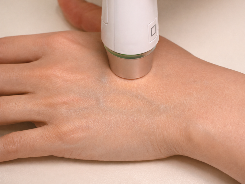 지루성피부염 첫 방문 시 시행하는 경피수분손실량 측정을 나타내는 아이콘으로, 피부 장벽의 수분 손실량을 측정해 장벽 기능이 얼마나 훼손되었는지 파악하는 검사