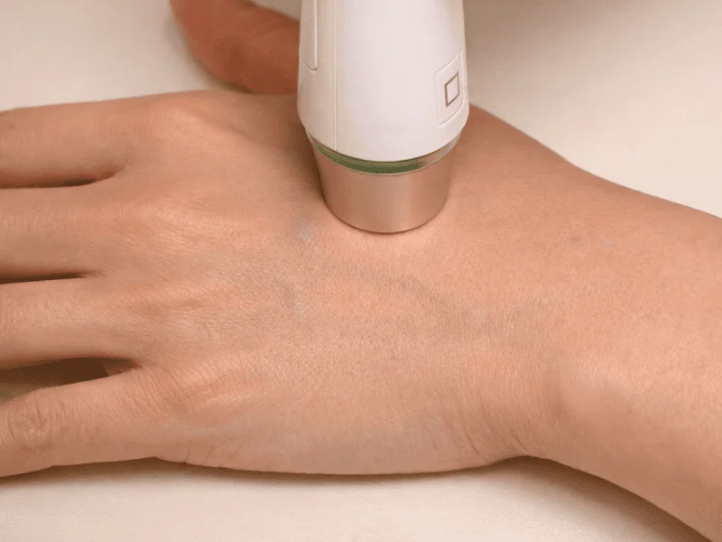 피부 장벽 TEWL 검사 경피수분손실량(TEWL) 측정 장비를 환자 손등에 대고 피부 장벽 기능을 객관적으로 측정하는 진단 장면