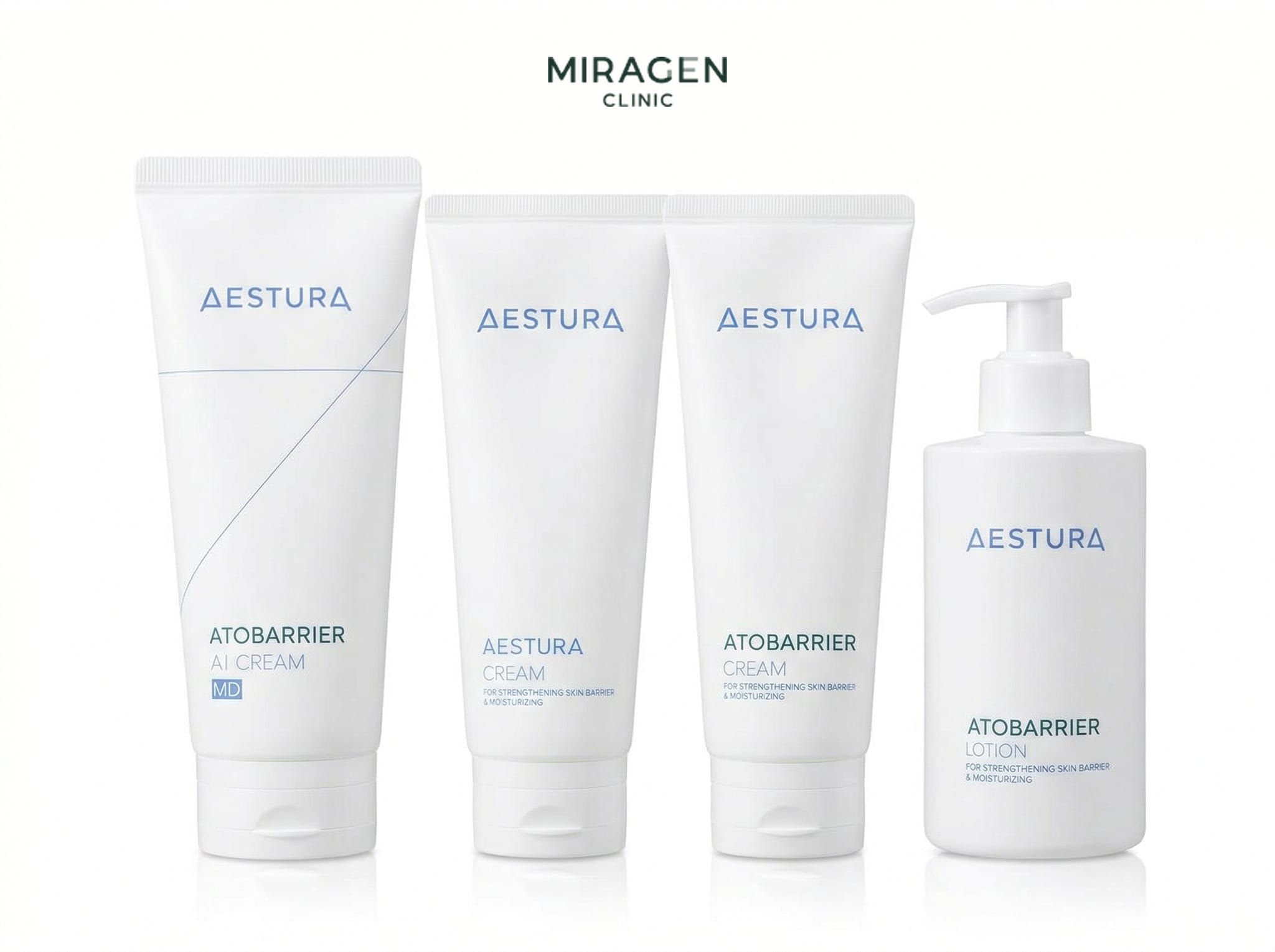 AESTURA Atobarrier MD 系列的四款产品照片，包括 AI 乳霜、乳霜和乳液等医用保湿剂