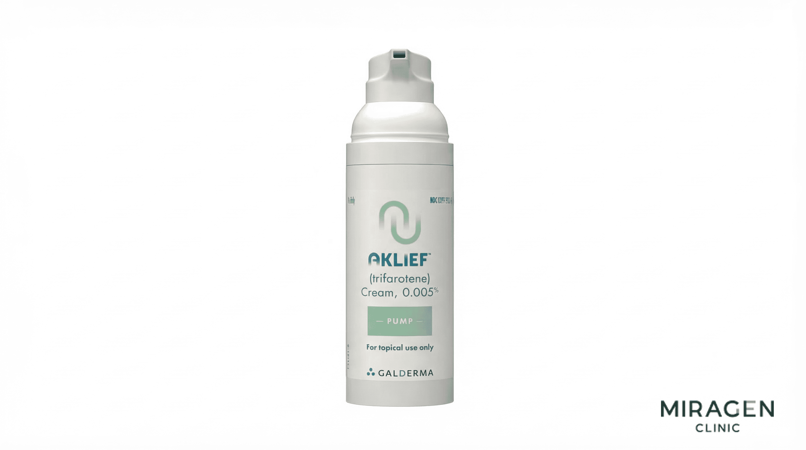 Ảnh sản phẩm thật: bình bơm kem Aklief 0,005% chứa trifarotene, retinoid thế hệ thứ tư, thuốc kê đơn do Galderma sản xuất