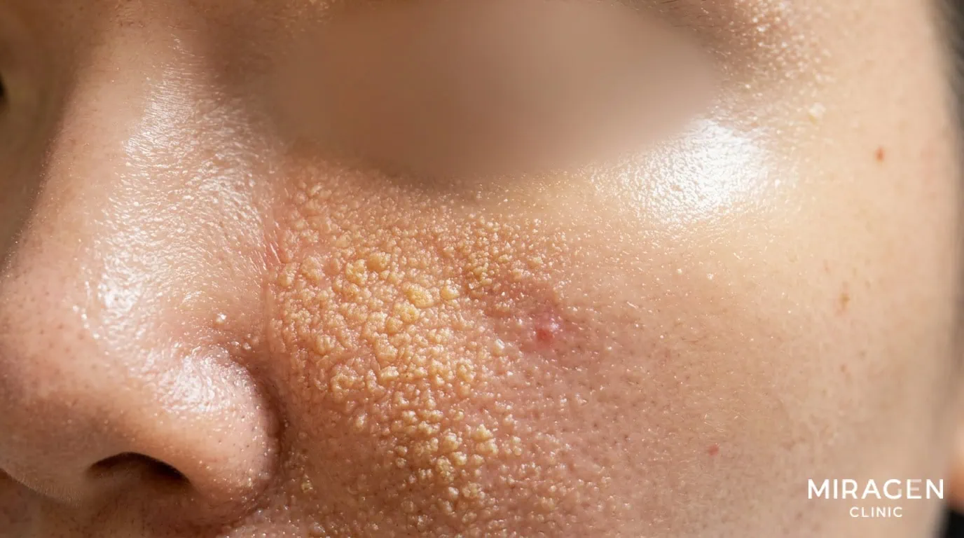 얼굴에 진물이 굳어 딱지가 형성된 아토피 피부염 환자의 볼 부위 클로즈업 사진으로 건조하고 갈라진 피부 질감이 선명하게 보임