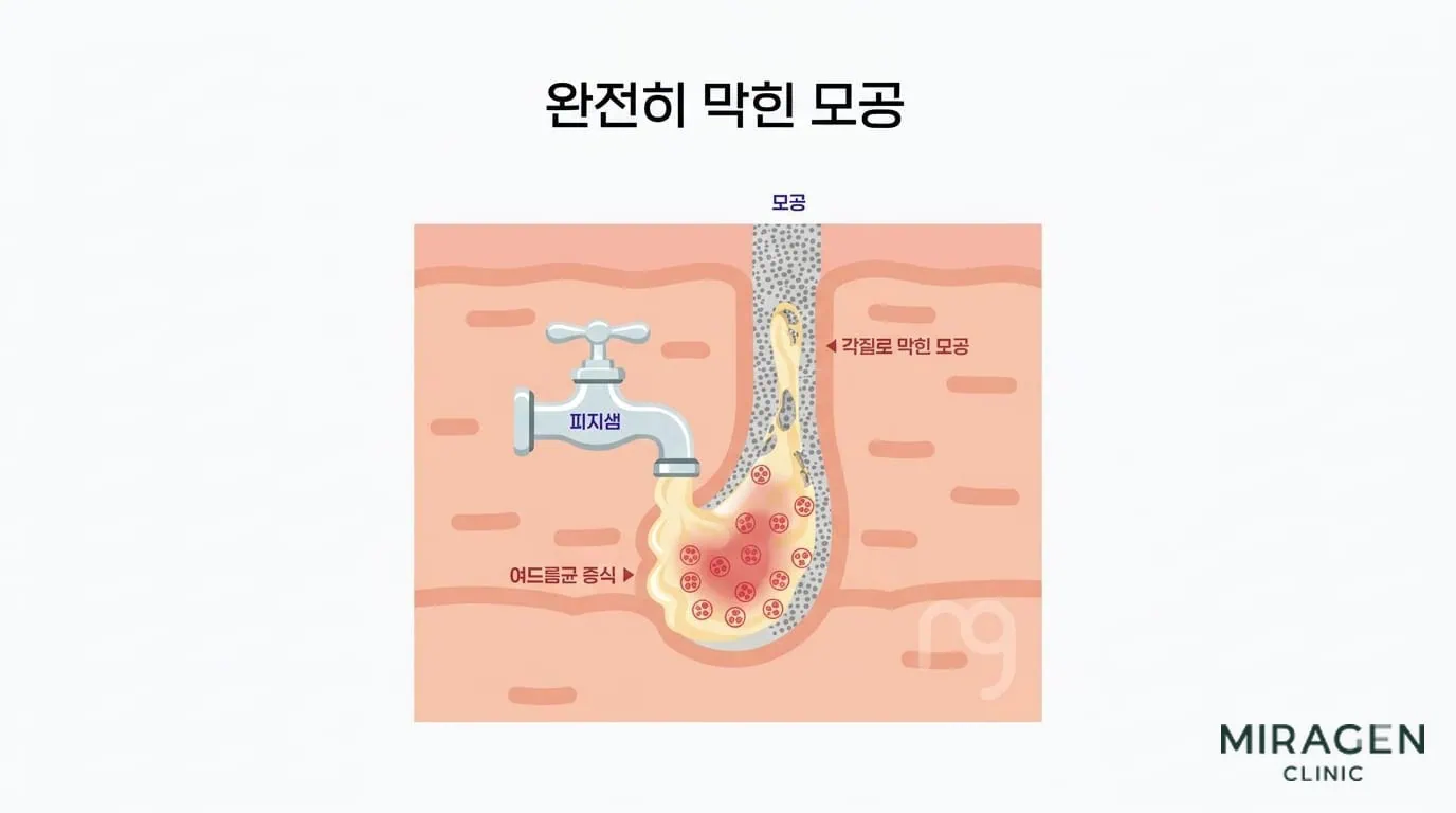 모공이 완전히 막혀 염증이 생긴 상태 완전히 막힌 모공 단면 일러스트로 각질이 모공을 막고 여드름균이 증식하며 염증이 시작되는 과정을 수도꼭지 비유로 표현