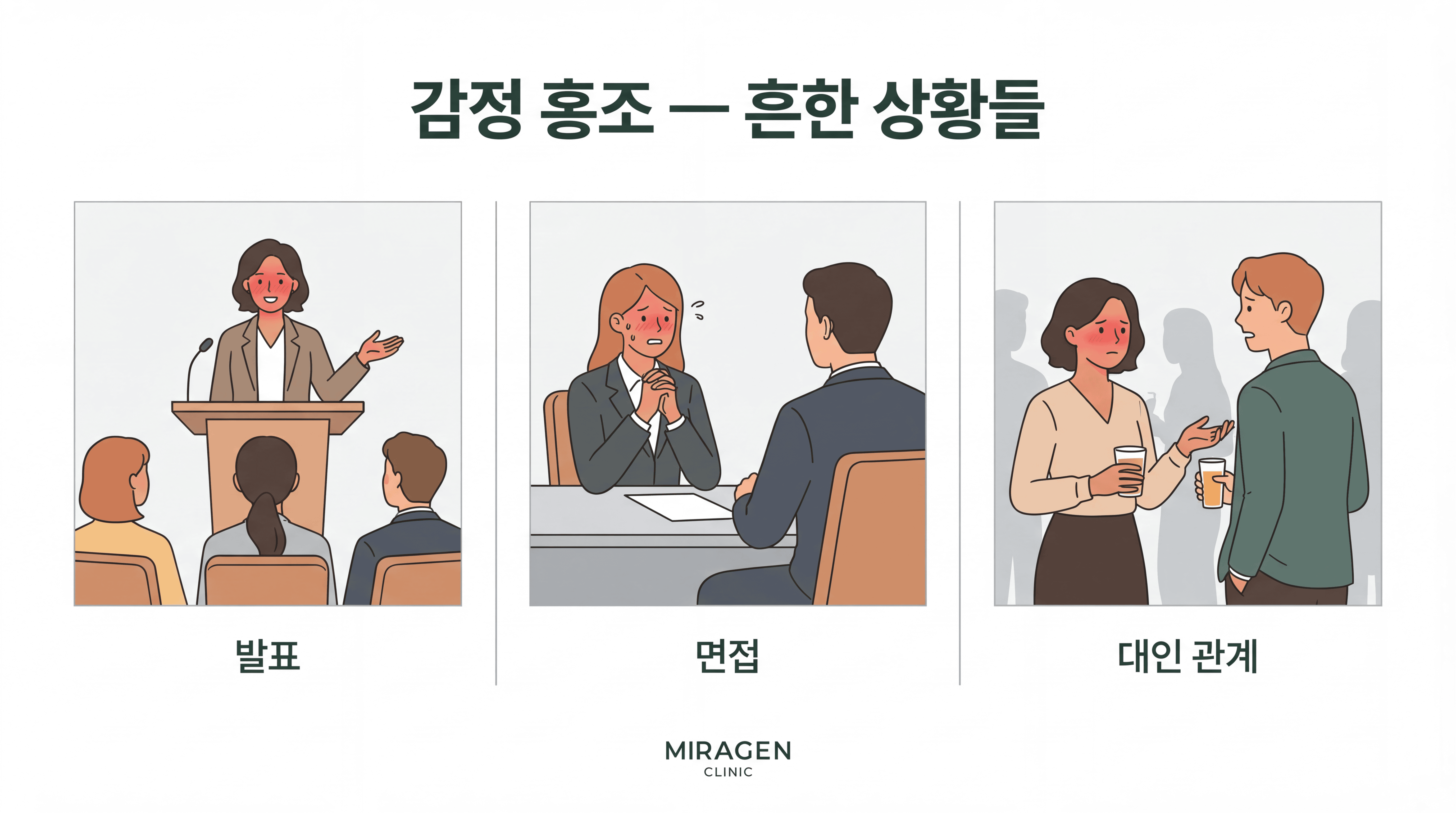 감정 홍조가 발생하는 흔한 상황을 보여주는 일러스트. 발표, 면접, 대인 관계 상황에서 얼굴이 빨개지는 모습을 3개 패널로 도식화