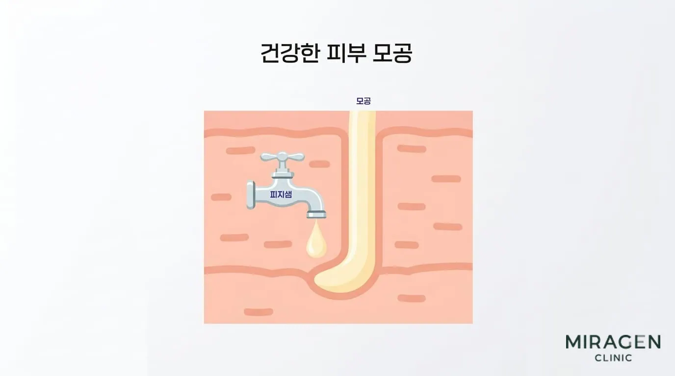 건강한 모공 — 피지가 정상 배출되는 상태 건강한 피부 모공 단면 일러스트로 피지샘에서 정상적으로 피지가 분비되고 모공을 통해 배출되는 과정을 수도꼭지 비유로 표현