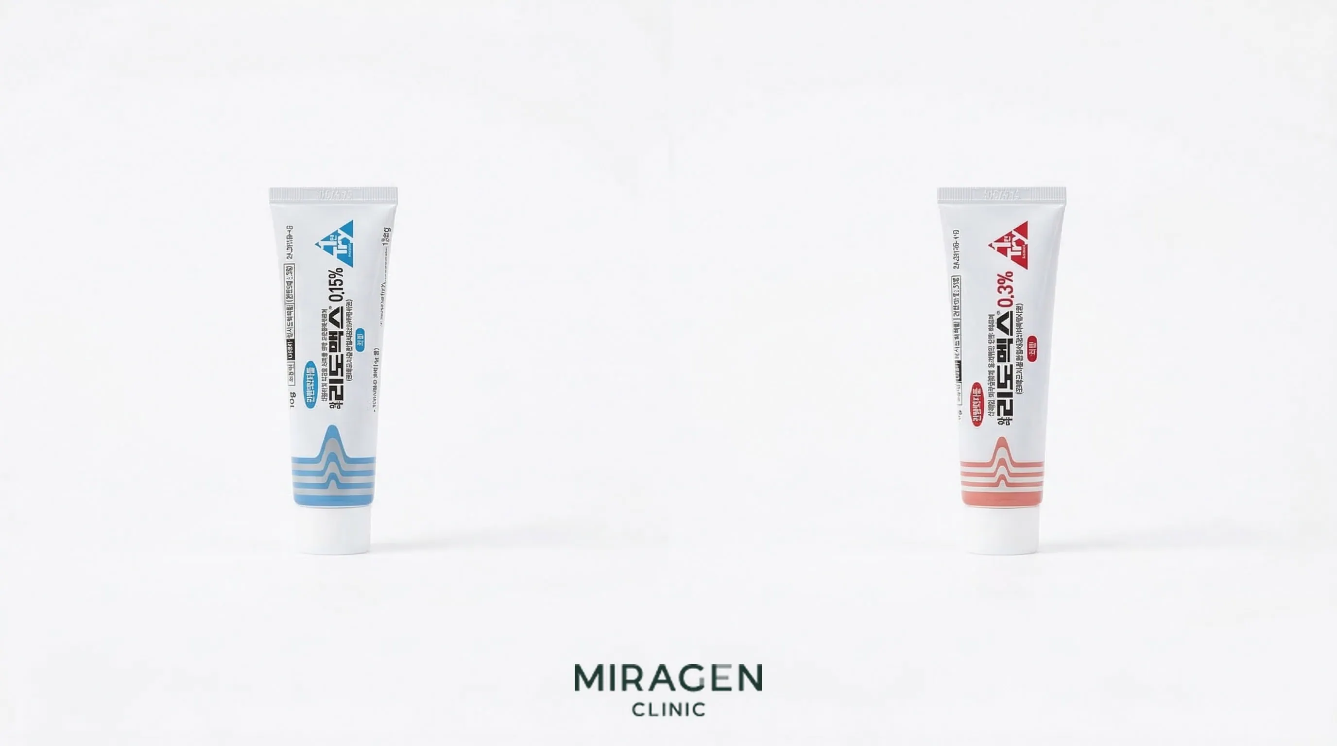 리도멕스 크림 파란색 0.15%와 빨간색 0.3% 두 제품을 나란히 비교한 사진으로 약국 구매 가능 여부에 따라 등급이 다른 스테로이드 외용제