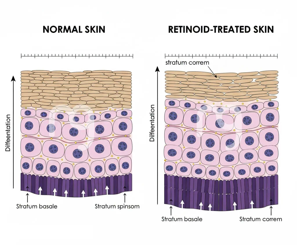 레티노이드 사용 후 각질층 변화 정상 피부와 레티노이드 적용 후 표피층 비교 일러스트 — 각질 세포 교체가 빨라지면서 초기에 각질층이 얇아지고 피부 장벽이 일시적으로 약해지는 과정
