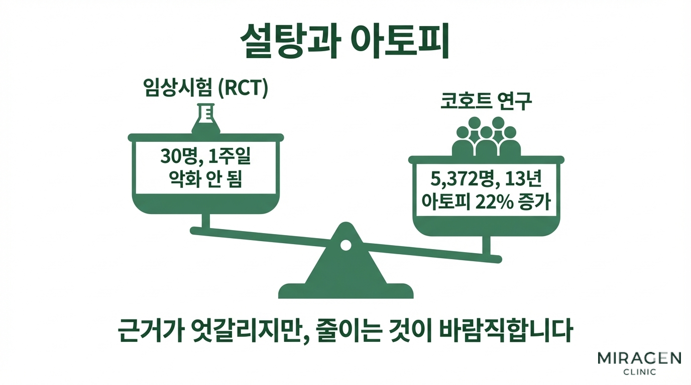 설탕과 아토피 근거 비교 인포그래픽 설탕과 아토피의 관계에 대해 30명 단기 임상시험과 5372명 장기 코호트 연구의 엇갈린 결과를 저울 위에 올려 근거 수준을 비교하는 인포그래픽