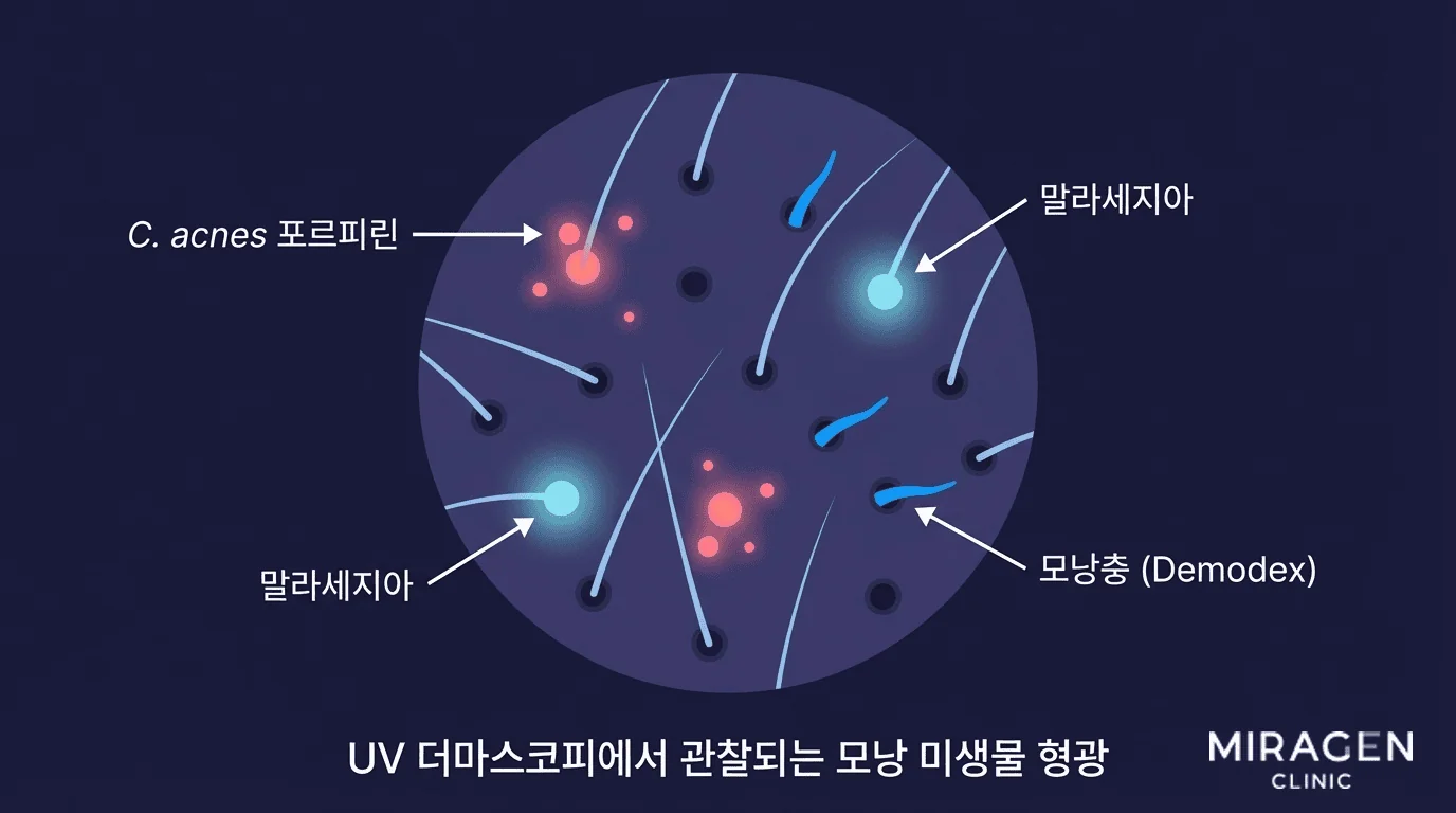 UV 더마스코피 모낭 미생물 형광 비교 일러스트 UV 더마스코피 시야에서 모낭 주변 미생물별 형광 차이를 보여주는 교육용 일러스트 — 분홍색 C. acnes 포르피린, 연파란색 말라세지아, 밝은 파란색 모낭충(Demodex) 형광 비교