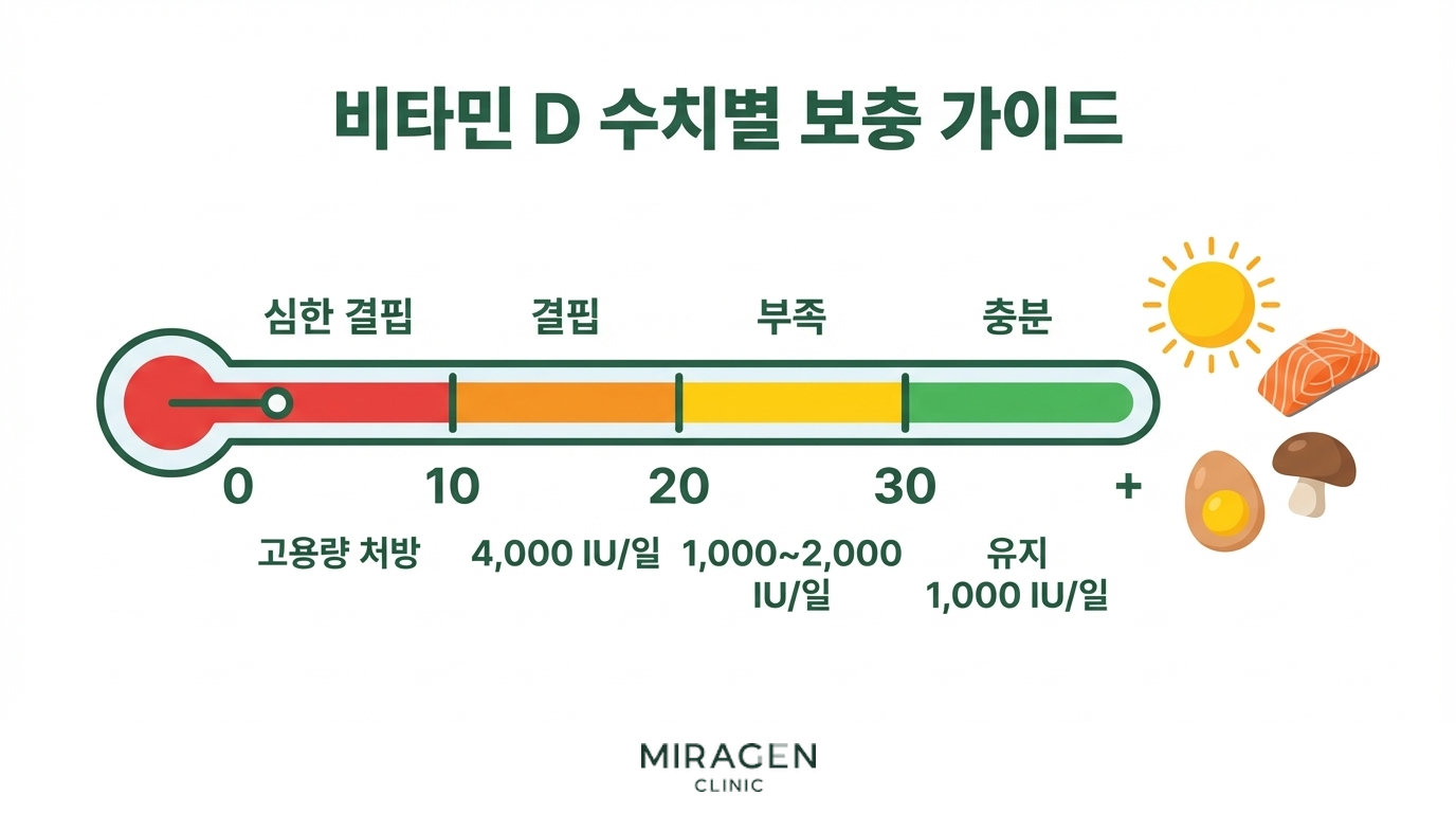 비타민 D 수치별 보충 가이드 인포그래픽 비타민 D 검사 결과에 따른 수치별 결핍 단계와 권장 보충 용량을 온도계 형태로 시각화한 가이드 인포그래픽