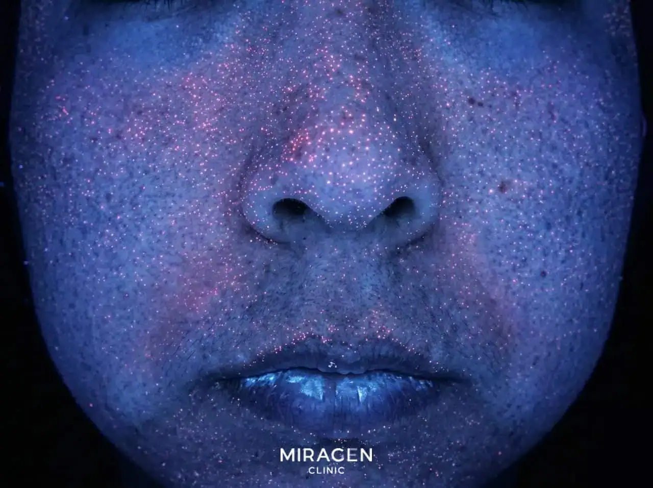 우드등 검사에서 볼과 코 주변 피지선의 포르피린 형광 반응이 분홍빛 점으로 나타난 임상 사진 — 피지량 평가와 구진 농포의 여드름 감별진단에 활용