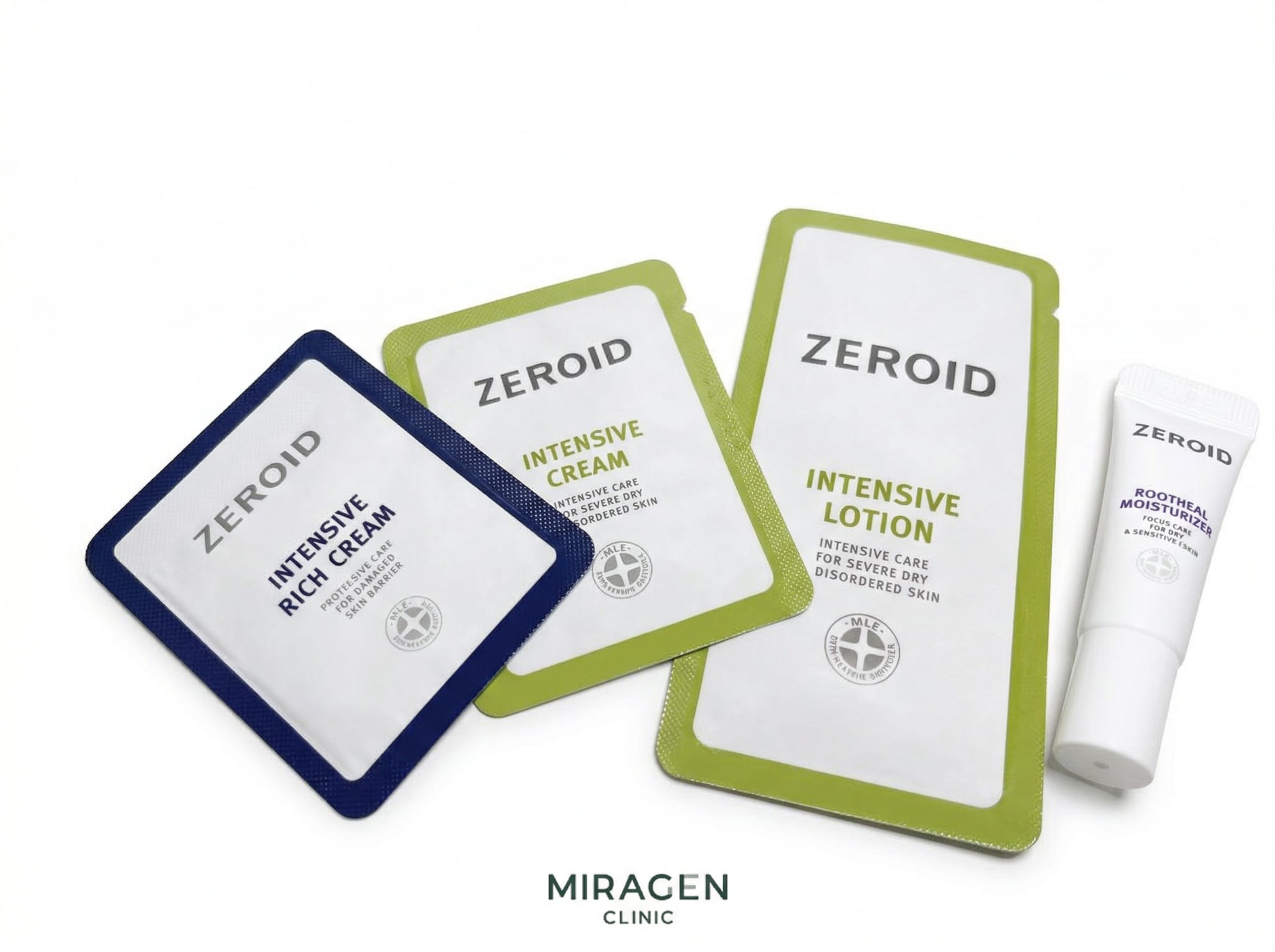 Ảnh các gói mẫu Zeroid MD Intensive Cream, Lotion và Rootheal tại Miragen Clinic