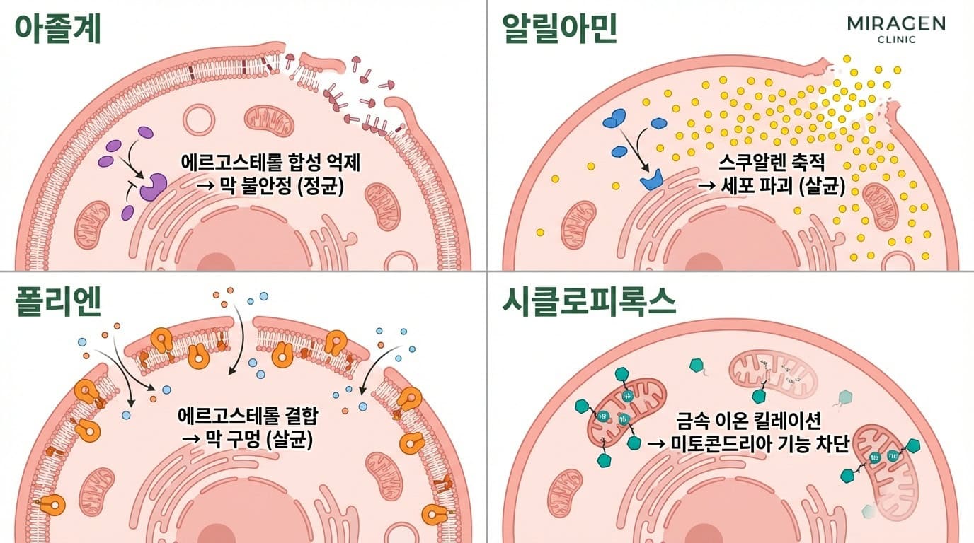 항진균제 4가지 계열 오버뷰 — 니조랄 · 케토코나졸 연고가 속한 아졸, 알릴아민, 폴리엔, 시클로피록스 비교