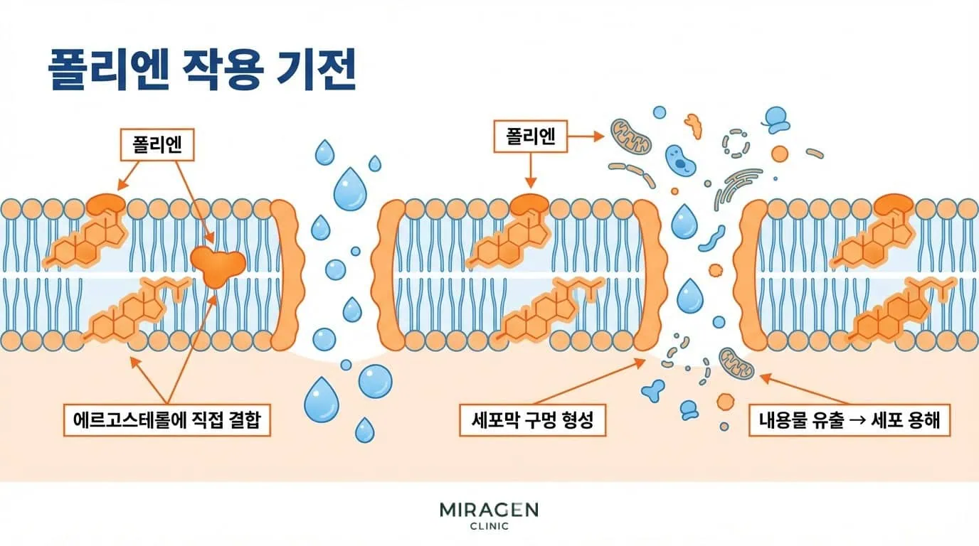 폴리엔계 항진균제 작용 기전 — 에르고스테롤에 직접 결합해 세포막에 구멍을 내는 과정