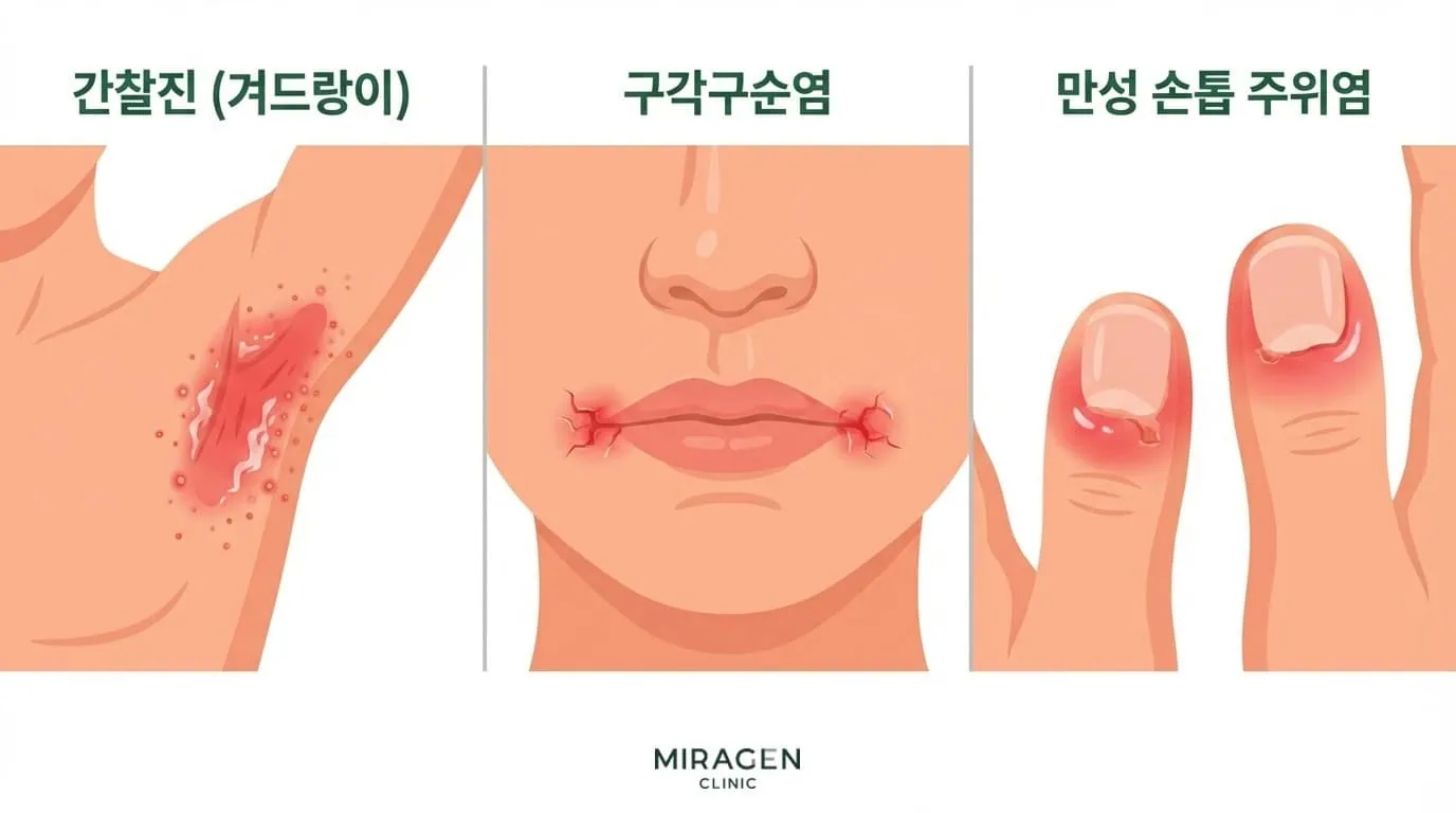 칸디다 감염의 3가지 대표 피부 표현 — 간찰진, 구각구순염, 만성 손톱 주위염