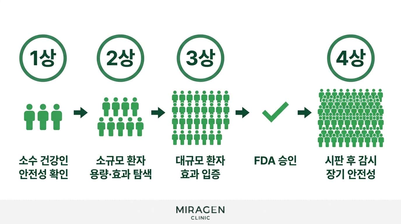 임상시험 1~4상 단계 다이어그램 임상시험 1상부터 4상까지 각 단계별 대상 인원과 목적을 보여주는 흐름도로, 코호트 연구 등 관찰 연구와 구분되는 임상시험의 체계적 과정을 설명하는 다이어그램