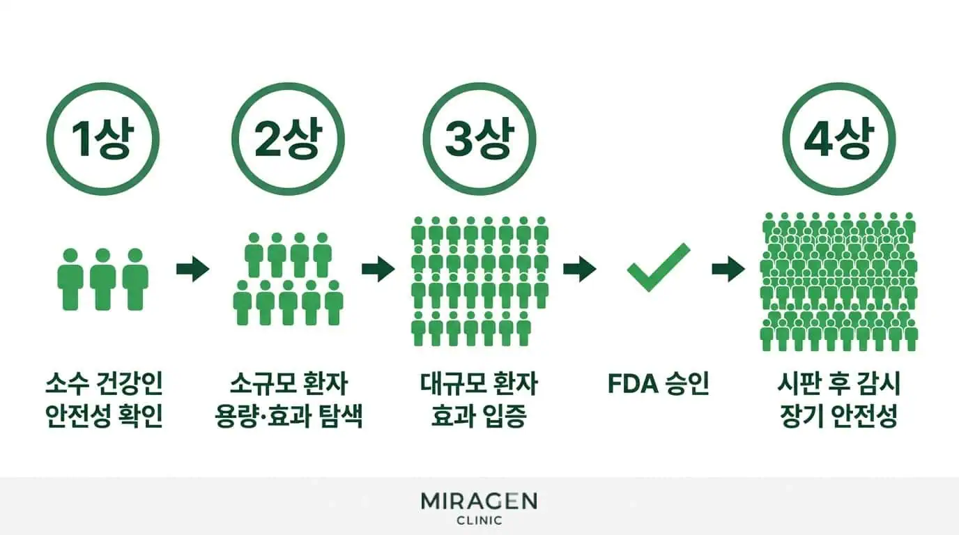 임상시험 1~4상 단계 다이어그램 임상시험 1상부터 4상까지 각 단계별 대상 인원과 목적을 보여주는 흐름도로, 코호트 연구 등 관찰 연구와 구분되는 임상시험의 체계적 과정을 설명하는 다이어그램
