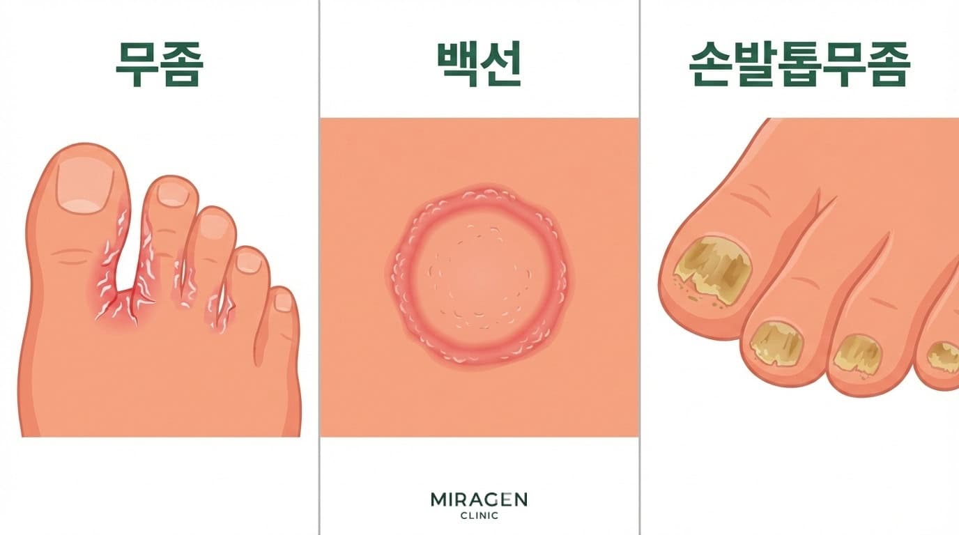 피부사상균 감염의 3가지 대표 피부 표현 — 무좀, 백선, 손발톱무좀