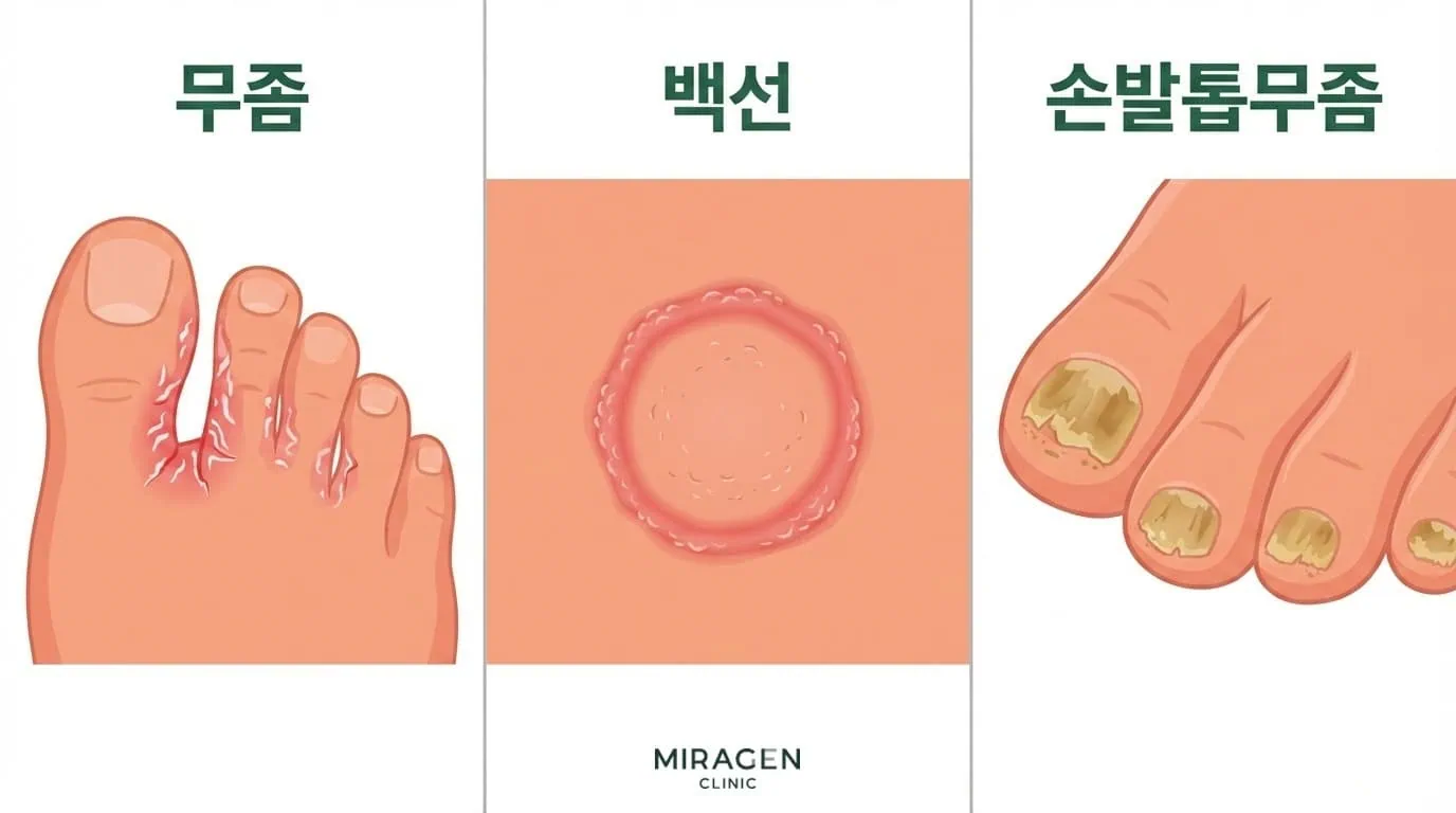 피부사상균 감염의 3가지 대표 피부 표현 — 무좀, 백선, 손발톱무좀