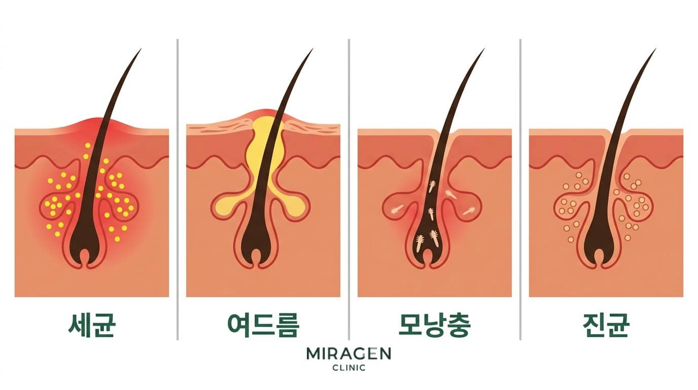 모낭염 원인 4가지 비교 — 세균, 여드름, 모낭충, 진균에 의한 모낭 염증의 차이를 보여주는 단면 일러스트