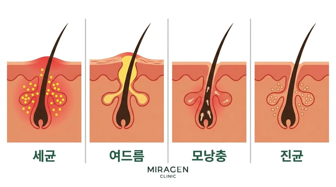 모낭염 원인 4가지 비교 — 세균, 여드름, 모낭충, 진균에 의한 모낭 염증의 차이를 보여주는 단면 일러스트