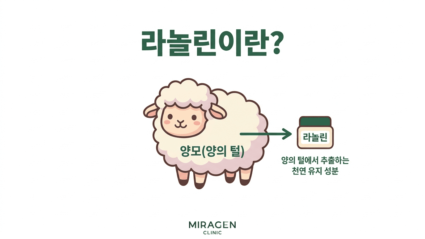 라놀린이 양의 털에서 추출되는 천연 유지 성분임을 귀여운 양 일러스트로 설명하는 인포그래픽